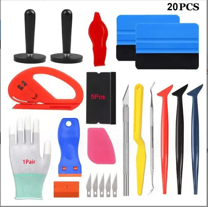 20 Piece Set of Automotive Film Application Tools, Plastic Scraper, Felt Scraper, Carving Knife and Blade, Gloves