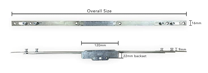 UPVC Window Lock Espag Encloser Twin Cam - 22mm Backset 250mm-1150mm